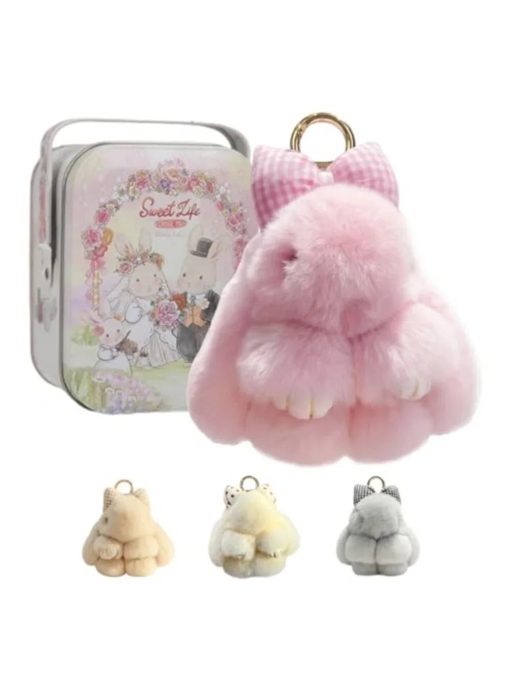 Plush Bunny Keychain with Bow, Faux Fur, Cute Rabbit Charm for Bags & Keys,